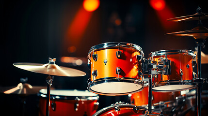 Close-up of drum set illuminated by stage lights.