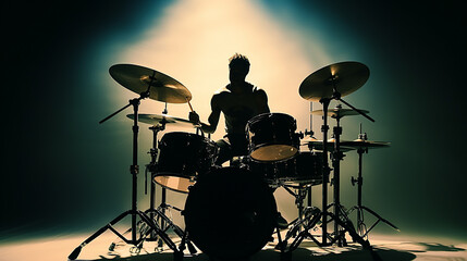 Close-up of drummer illuminated by stage lights.