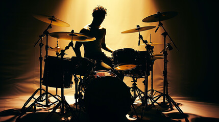 Close-up of drummer illuminated by stage lights.