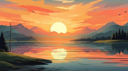 A breathtaking sunset over a calm lake with mountains in the background. vector cartoon graphic....