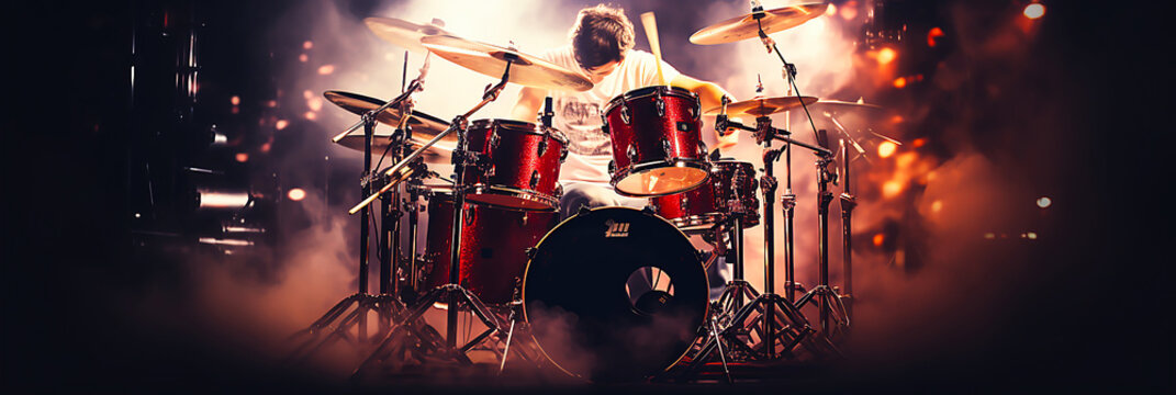 Close-up of drummer illuminated by stage lights.