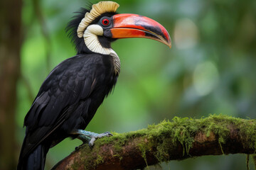 Obraz premium A Helmeted Hornbill perching on a tree branch in the lush rainforest