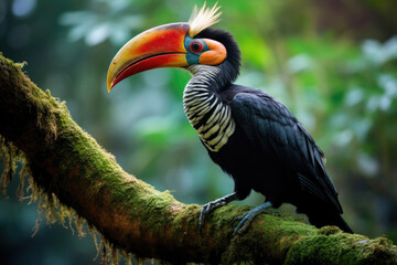 A Helmeted Hornbill perching on a tree branch in the lush rainforest