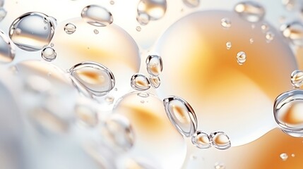 Close up macro oil drops on light surface, cosmetic serum laboratory tests.