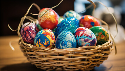 Fototapeta na wymiar Add colorful ribbons or twine to the basket handle and around the eggs for a festive and polished look