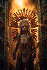 A tribal guardian adorned with glowing feathers stands at the entrance of a sacred portal