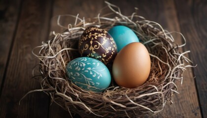  a bird's nest filled with three eggs sitting on top of a wooden table next to a brown and blue bird's nest with three eggs in it.