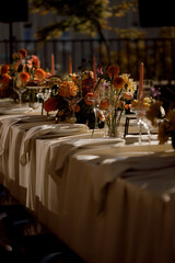 Modern minimal table place setting neutral green color on gray concrete background top view.Banner. Space for text . Modern kitchen.Scandinavian style.