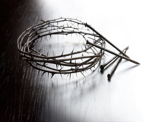Rusty nails and a wreath of thorns at the cross