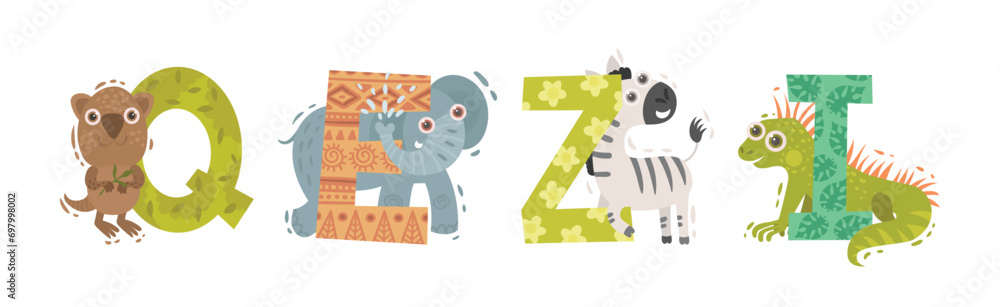 Poster animal alphabet with ornamental letters and zoo creatures vector set