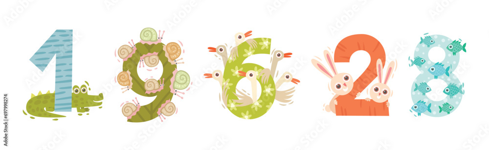 Poster animal number or numeral with zoo creatures vector set