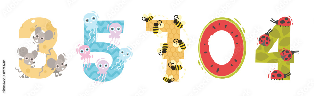 Poster animal number or numeral with zoo creatures vector set