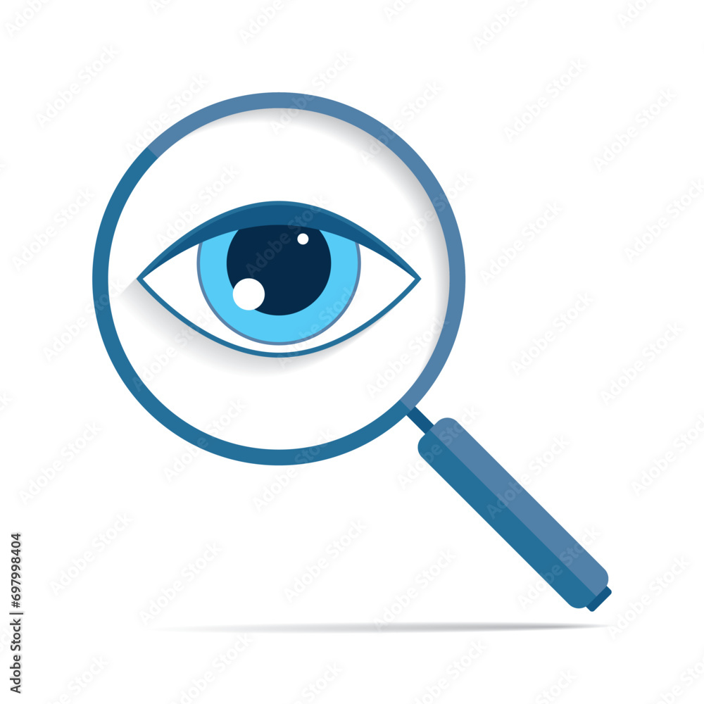 Poster search loupe icon in flat style, magnifying glass on white background. zoom tool. eye in magnifier. 
