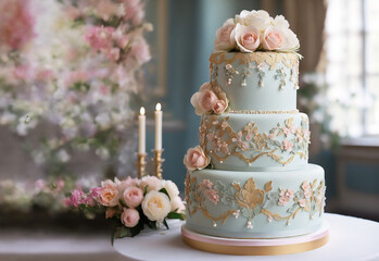wedding cake with flowers - obrazy, fototapety, plakaty