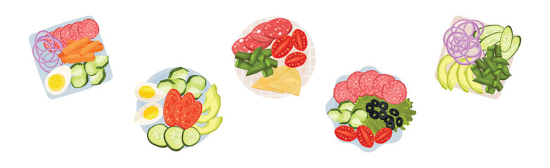 Sliced and Cut Vegetables, Wurst and Cheese Served on Plate Above View Vector Set