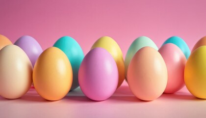  a row of pastel colored eggs on a pink and pink background, with one egg in the middle of the row and the other in the middle of the row.