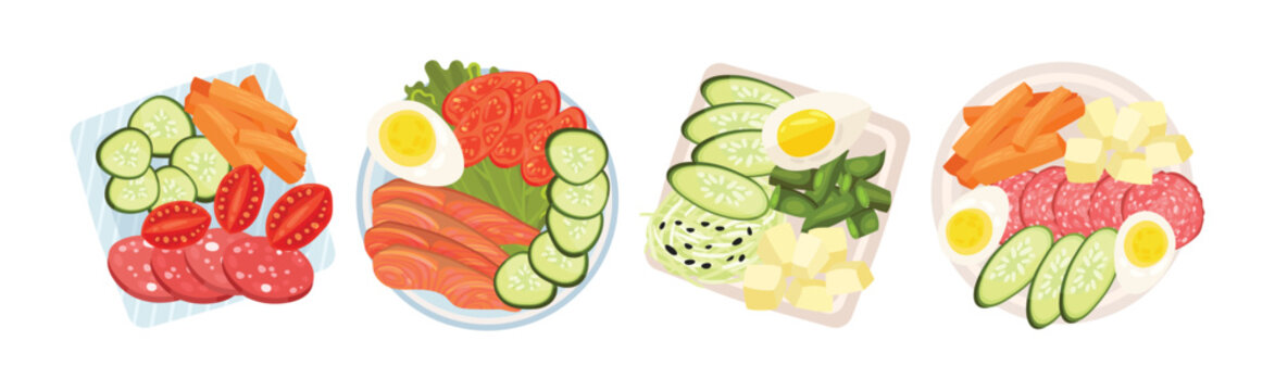 Sliced and Cut Vegetables, Wurst, Cheese and Fish Served on Plate Above View Vector Set