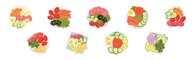 Sliced and Cut Vegetables, Wurst, Cheese and Fish Served on Plate Above View Vector Set