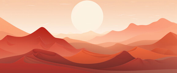 Abstract llustration of an orange and brown landscape, with mountains at sunset, horizontal background