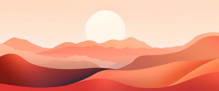 Abstract Llustration Of An Orange And Brown Landscape, With Mountains At Sunset, Horizontal Background