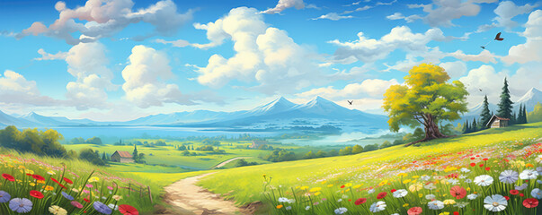 Fototapeta premium Summer landscape with bicycle and meadows full of flowers. Holiday sunshine banner.