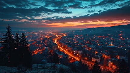 night Urban abstract background of city in lights and telecommunication network