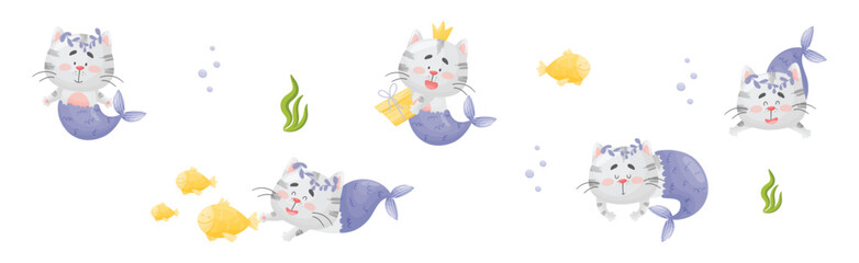 Cute Cat Mermaid Character with Fish Tail Vector Set