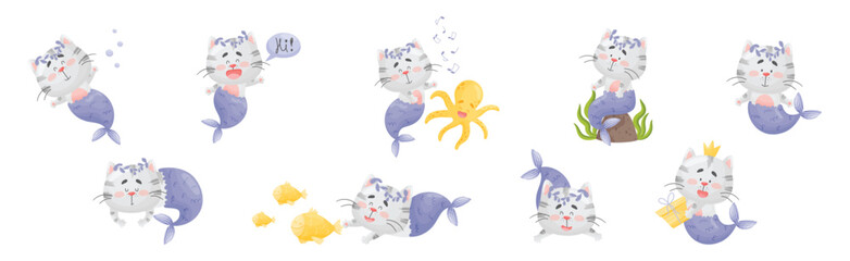 Cute Cat Mermaid Character with Fish Tail Vector Set