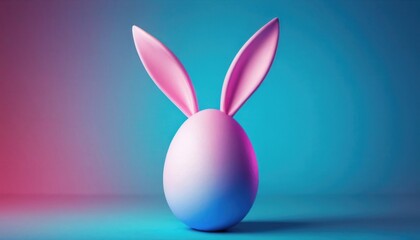  a pink and blue easter egg with a bunny's ears sticking out of it's side on a blue, pink, pink, and purple, and blue background.