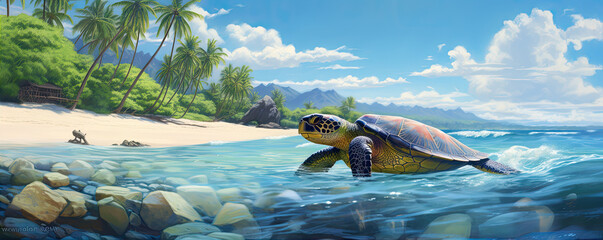 Big turtle on tropical beach. Turtles in blue ocean water near beach. copy space for text.
