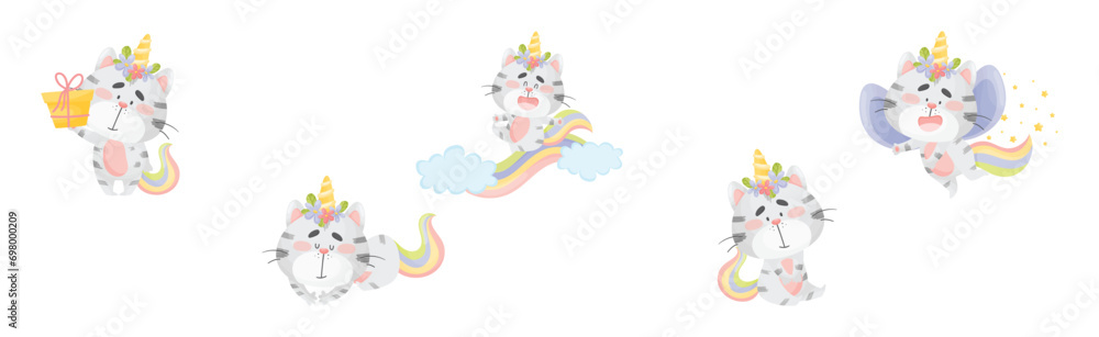 Poster cute cat unicorn character with rainbow tail vector set