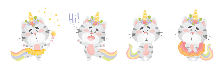 Cute Cat Unicorn Character with Rainbow Tail Vector Set