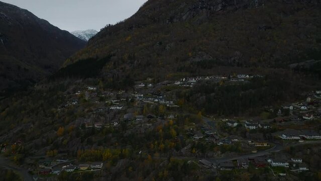 aerial view mountainside odda town during dusk in norway