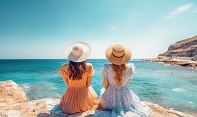 Photo of Two Women Enjoying Serene Ocean View on a Rocky Outpost