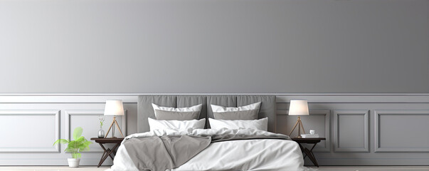 Grey white bedroom interior with blank image frames above bed. interiors concept.