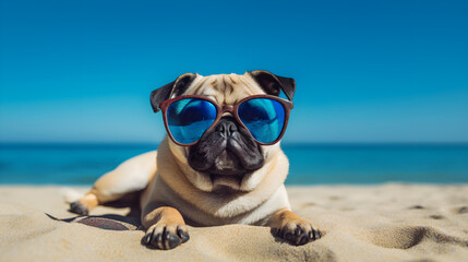 Fototapeta na wymiar Pug in the sunglasses on the blue beach