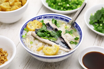 Taiwanese congee with milkfish belly and milkfish balls.