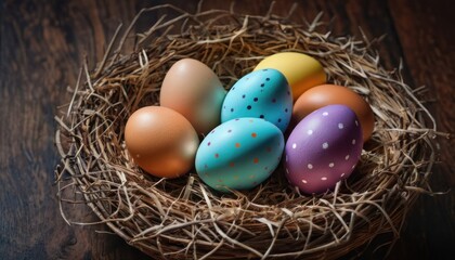 Naklejka na ściany i meble a nest filled with colored eggs on top of a wooden table next to a cup of coffee and a cup of coffee on the side of the nest is filled with colored eggs.