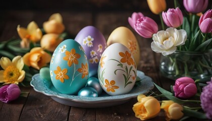  a plate of painted eggs on a table with tulips and daffodils in a vase on the side of the plate and flowers in the background.