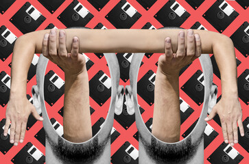 Digital collage in surrealism style with heads, hands of a man and floppy disk on background	
