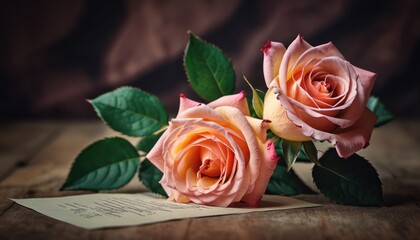 two pink roses sitting on top of a piece of paper next to a pair of green leaves and a piece of paper with a note in front of paper on a wooden surface.