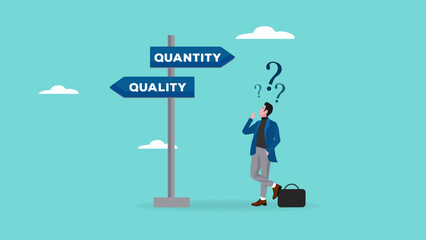 choosing quality or quantity concept illustration. businessmen who are confused about choosing quality or quantity direction boards. management to assure excellent work concept illustration - obrazy, fototapety, plakaty