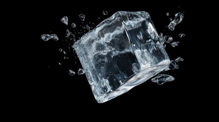 Falling ice cube on a black background. Frozen water.