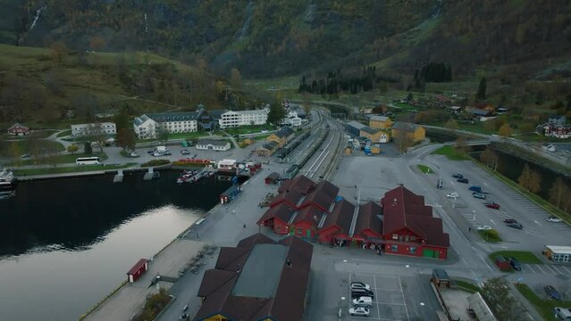 aerial view of flam railroad station at Aurlandsfjord fjord in norway