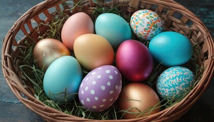 Fototapeta na wymiar a basket filled with different colored eggs on top of a grass covered ground with a polka dot dot dot design on the top of the eggs, and a white polka dot dot dot pattern on the top of the.