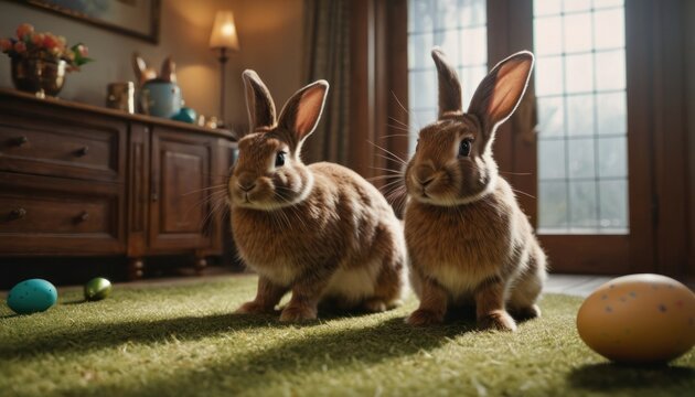  a couple of brown rabbits sitting next to each other on top of a field of green grass next to a wooden dresser and a brown egg on a green carpet.