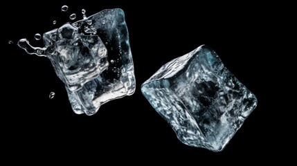 Falling ice cubes on a black background. Frozen water.