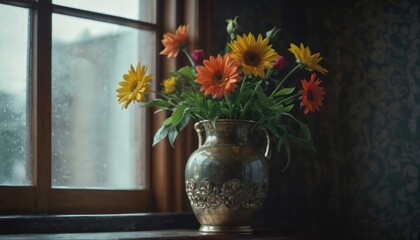  a vase of flowers sitting on a window sill in front of a window with rain falling on the window sill and the flowers in front of the window.