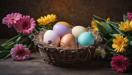 Fototapeta na wymiar a basket filled with lots of colorful eggs next to a bunch of daisies and yellow and pink flowers on top of a wooden table next to a brown wall.