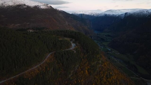 aerial view over stegastein viewpoint on aurlandsfjord fjord with mountains on background in norway